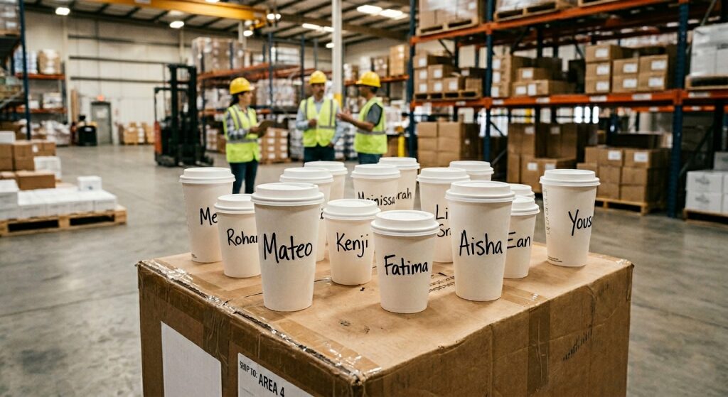 Coffee cups labeled with different names