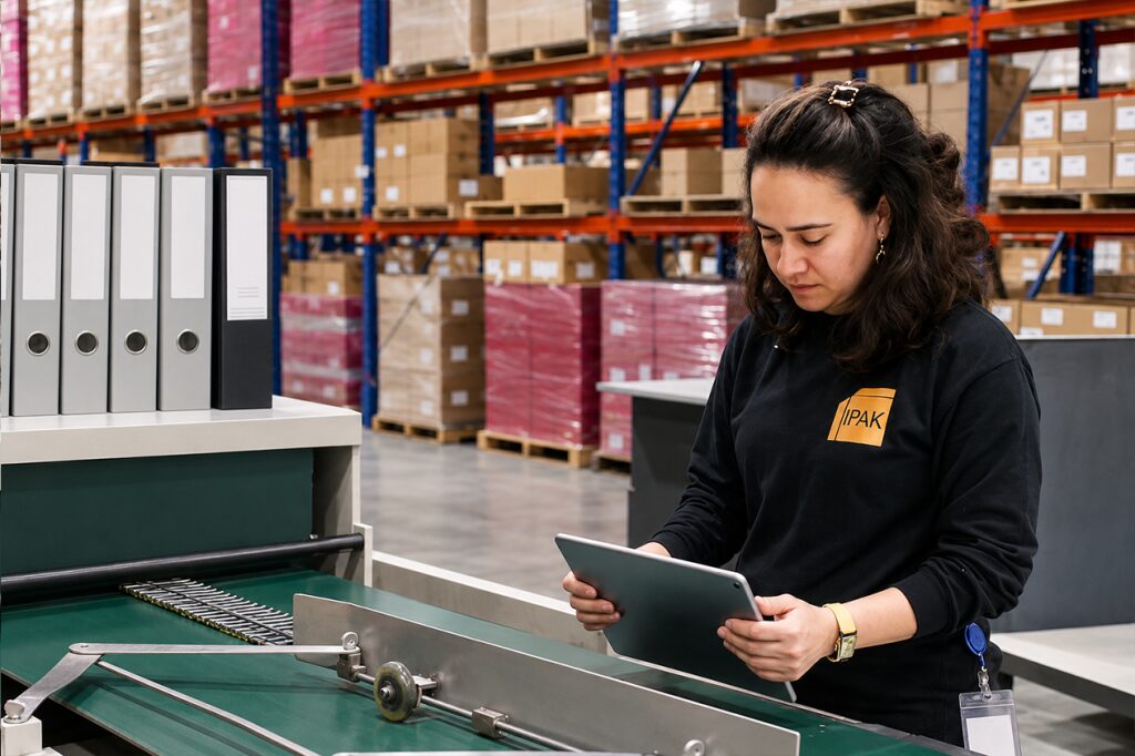 Worker using tablet to manage inventory