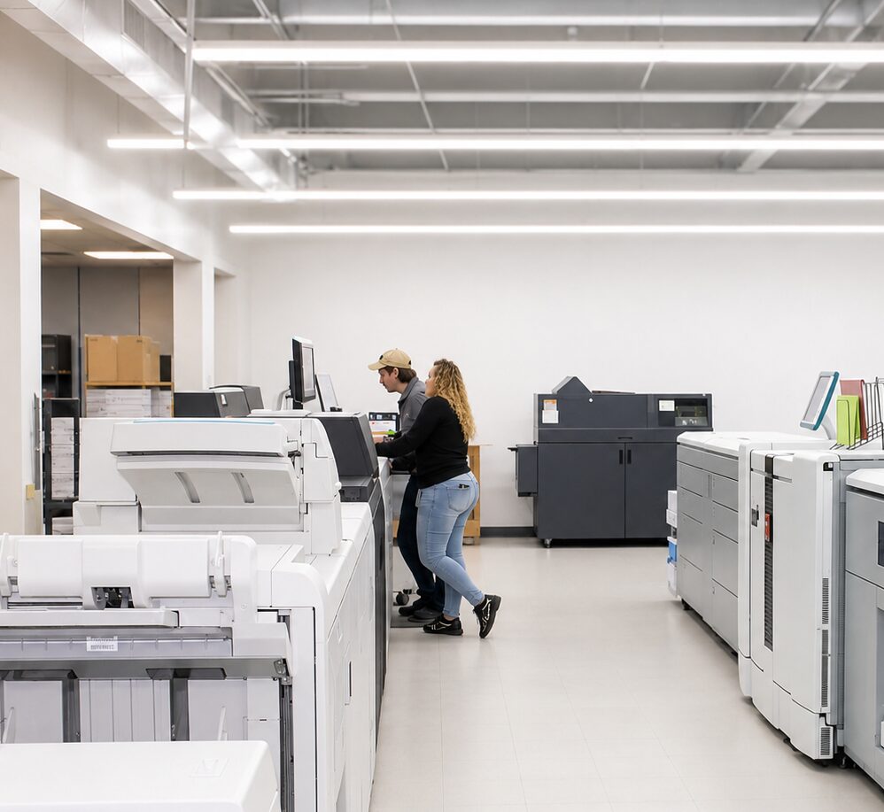 Workers at a printing center