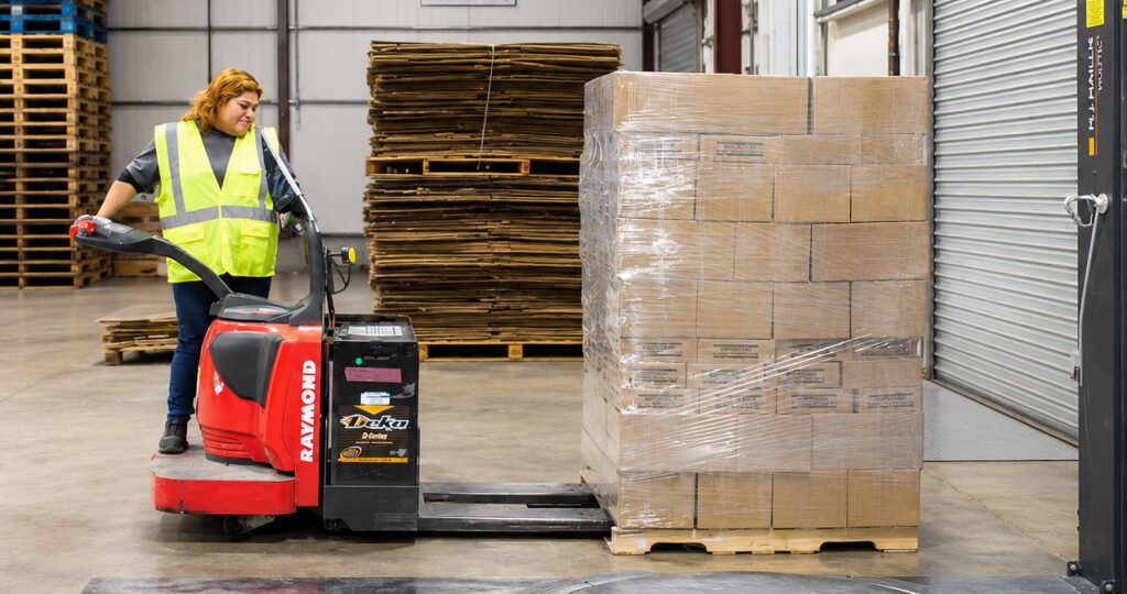 Worker moving a pallet in a warehouse