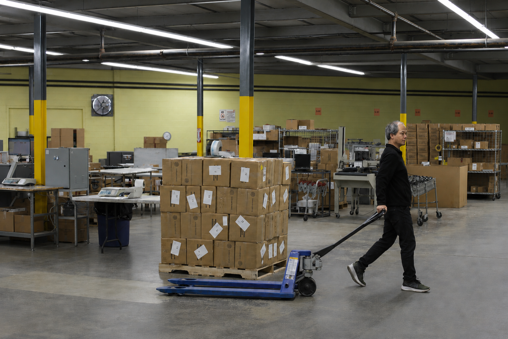 Employee processing warehouse materials